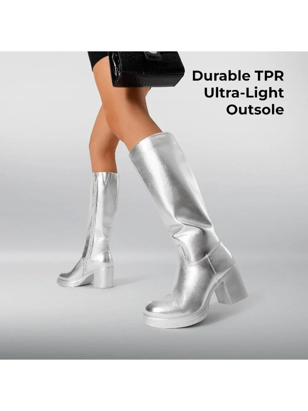 Women's Silver Block Heel Round Toe Faux Leather Side Zipper Knee High Boots